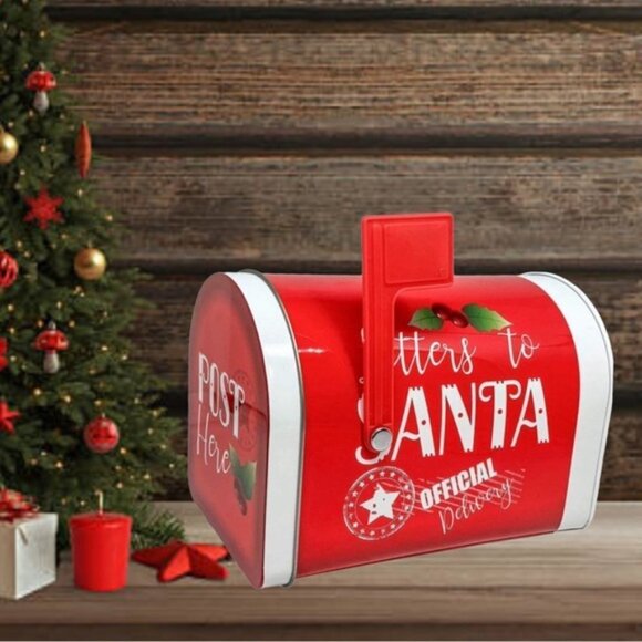 Letters to Santa Christmas Tin Tabletop Mailbox Decoration Red Official Delivery - Picture 2 of 10